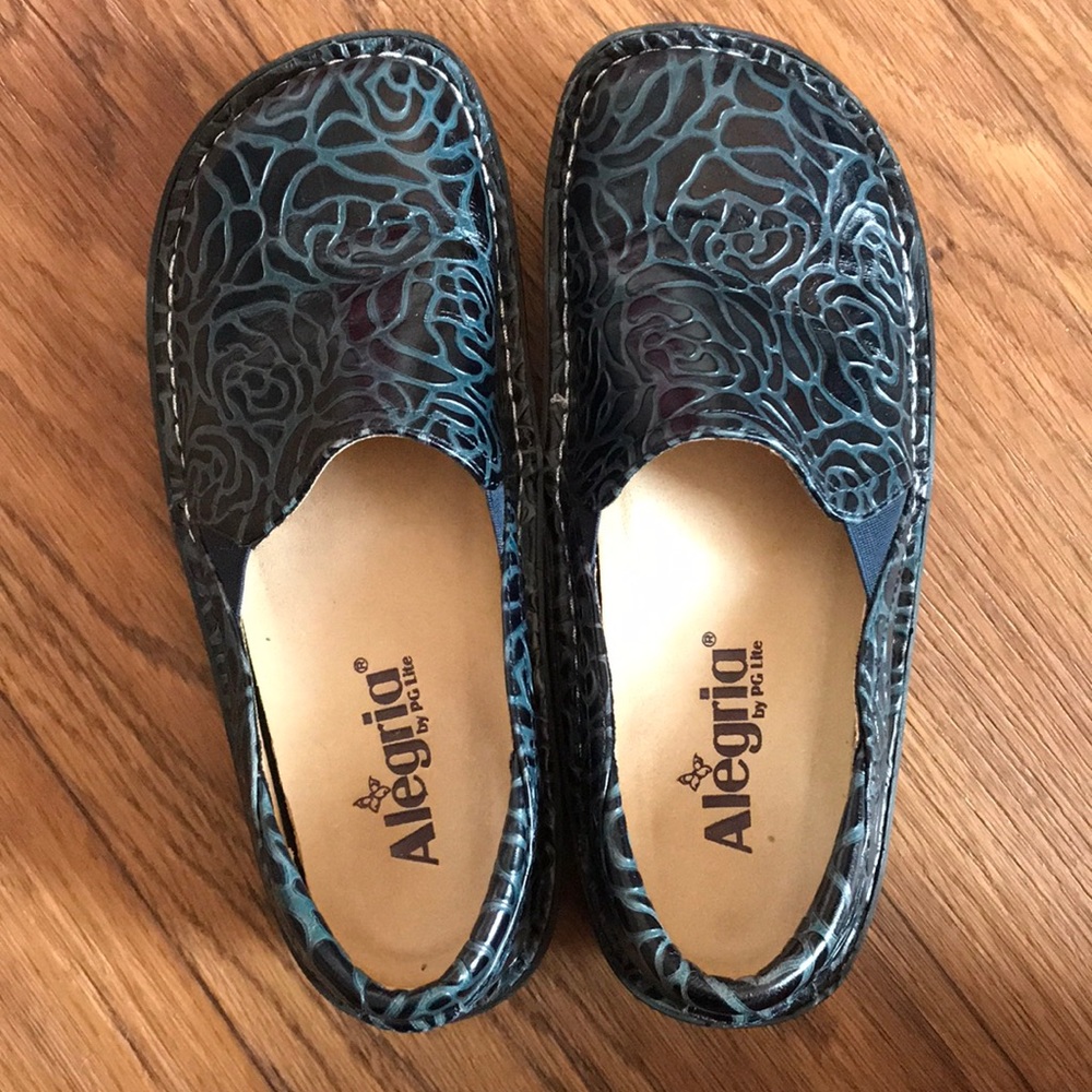 Alegria Blue Embossed Rose Shoe